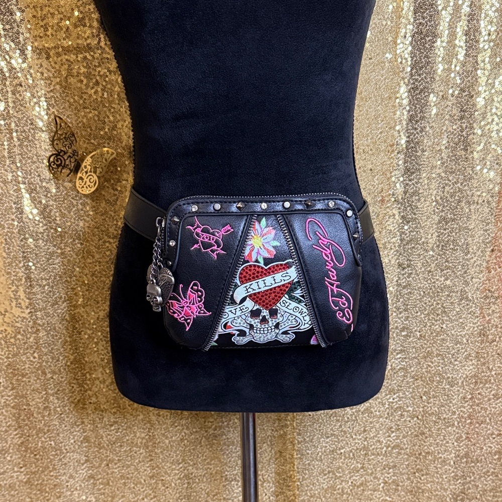 Ed Hardy Black Crossbody Bag with Pink and Red Accents